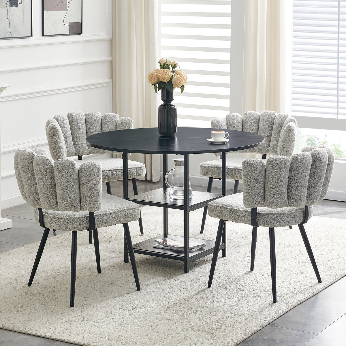 Wishdor Ronde eettafelset voor 4 personen - Industrieel - Met 2 open opbergniveaus - Zwart en lichtgrijs - Metalen frame - 107 cm - Met 4 stoelen voor kleine woningen