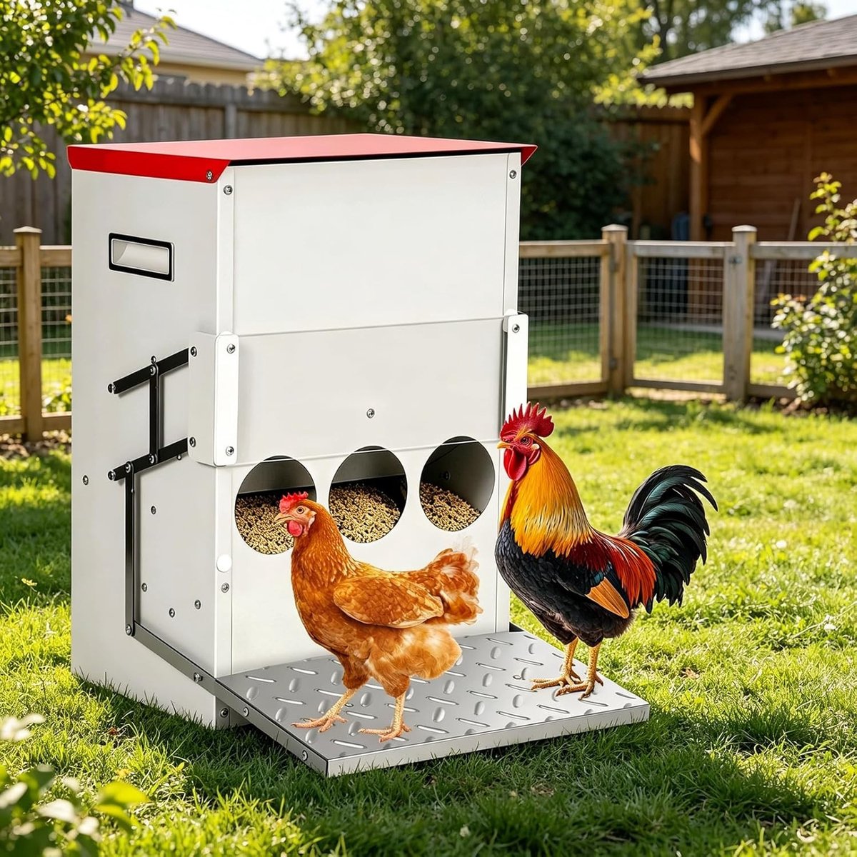 Hoge Capaciteit Kippenvoerbak met Voetpedaal, 15 kg Gravity Dispenser voor Stallen en Tuinen