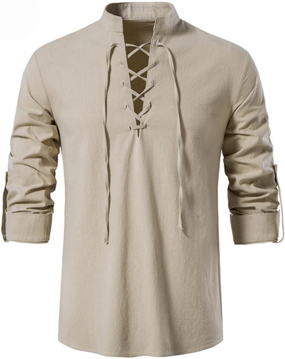 Klassieke Lange Mouwen Renaissance Overhemden voor Mannen in Middeleeuwse en Steampunk Stijl met Kraag en Vetersluiting voor Carnaval en Viking Outfit