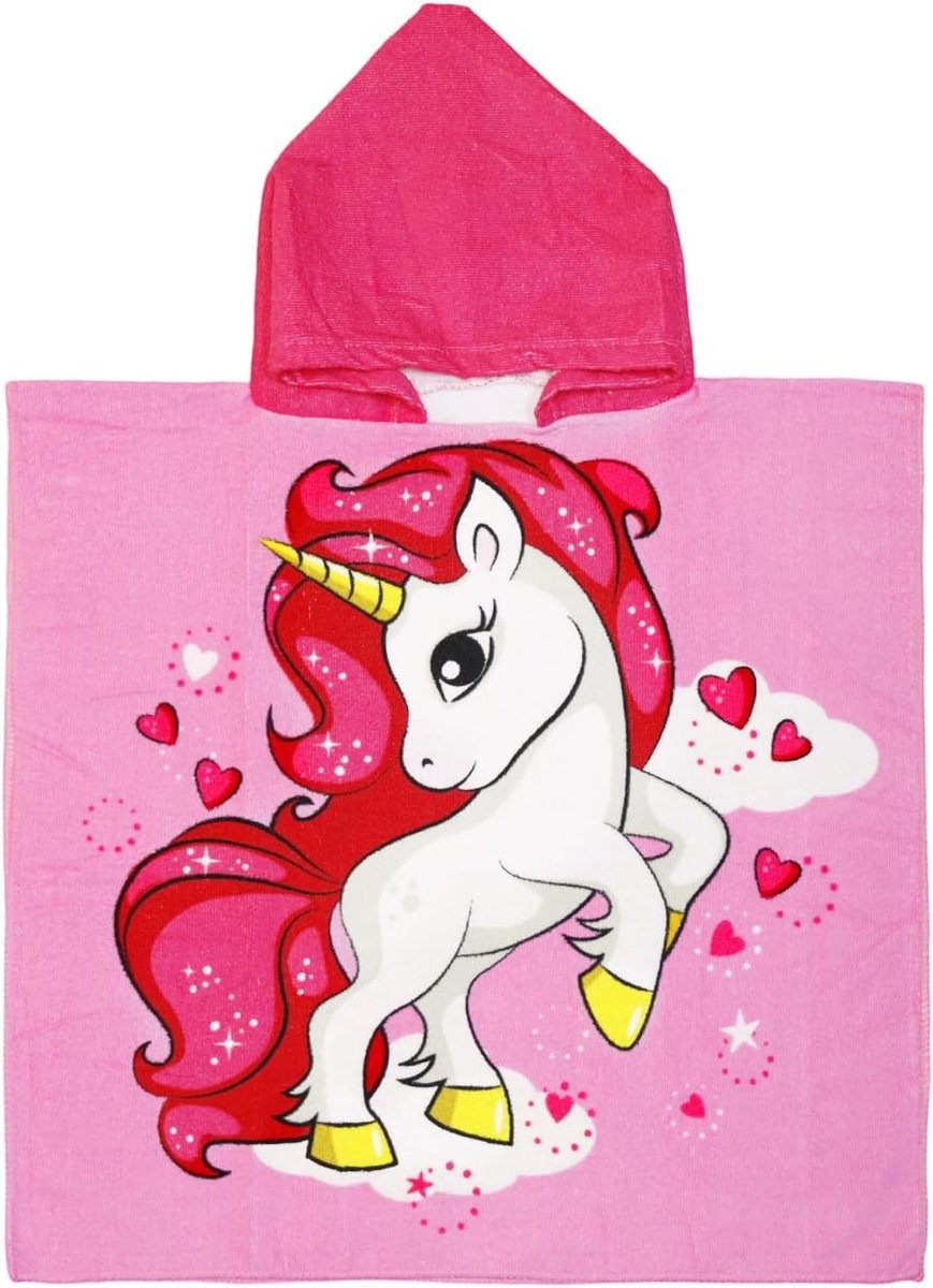 Hooded Badcape voor Kinderen, Schattige Cartoon Poncho Handdoek voor Jongens en Meisjes, Ideaal voor Strand en Bad (Roze Pony)