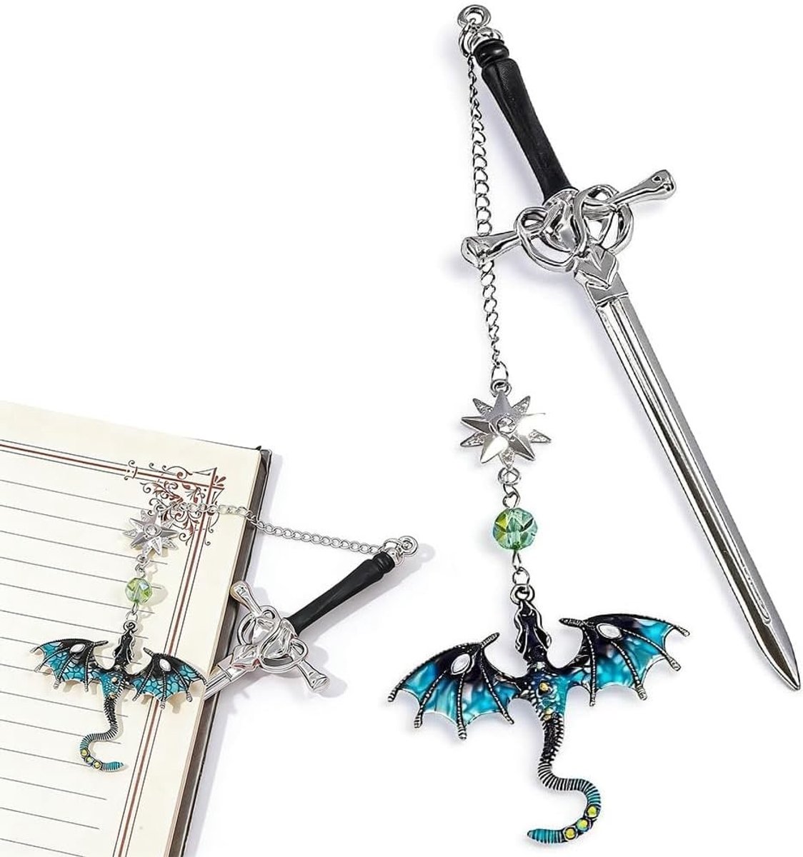 Zwaard- en drakenboekenlegger van 15 cm met 3D drakenhanger - Perfecte cadeau voor boekenliefhebbers, fantasyfans en als verjaardagscadeau voor mannen en vrouwen