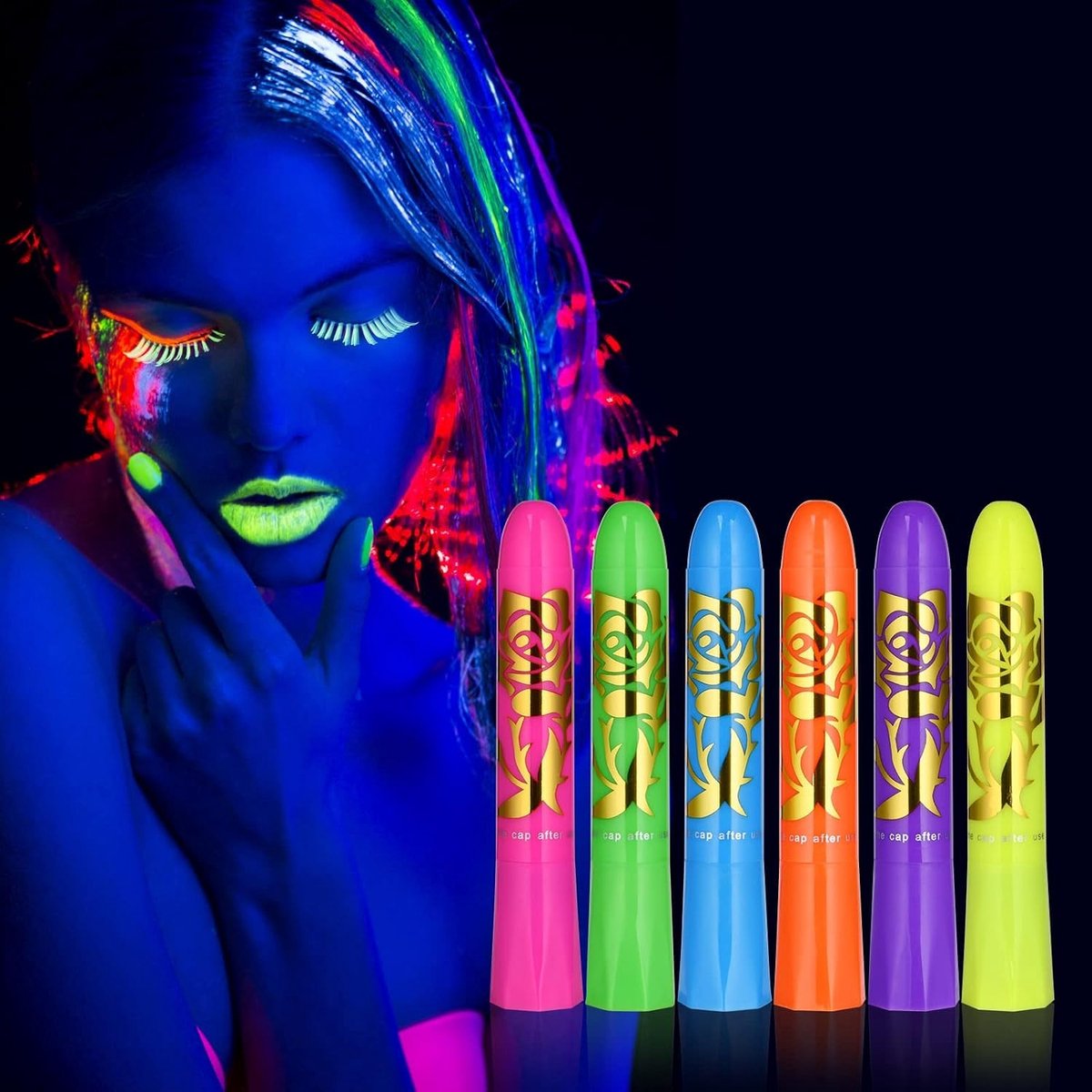 Glow in het Donker UV Neon Gezichtsverf Crayons Set - 6 Kleuren Veilige en Niet-Toxische Fluorescerende Make-up voor Halloween en Cosplay