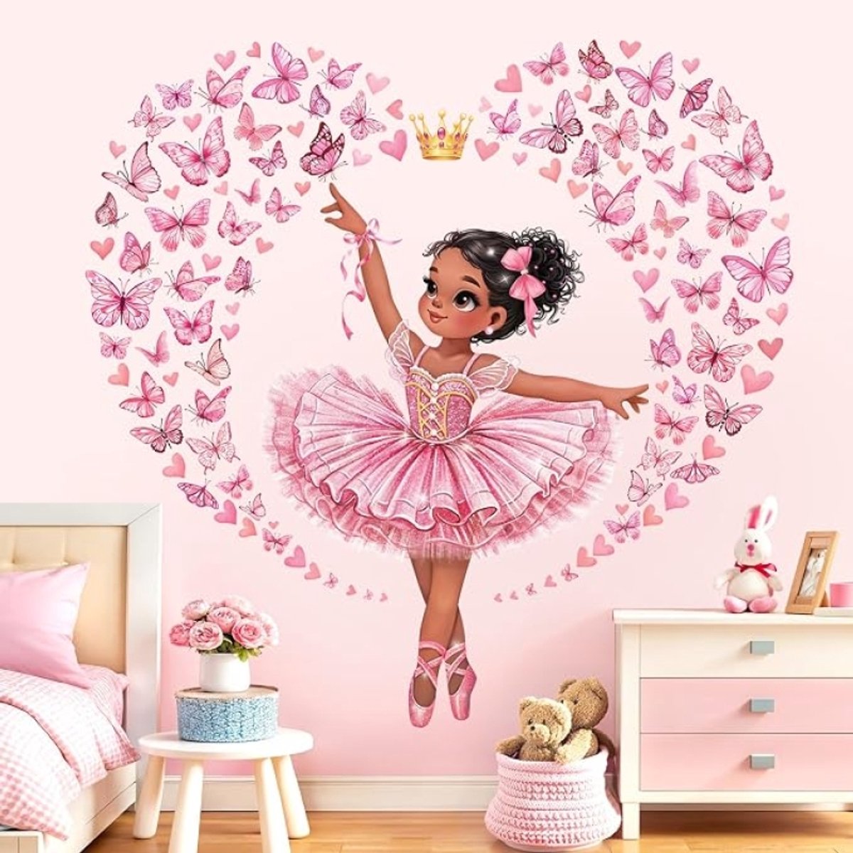 Ballerina Meisje Muurstickers Roze Vlinder Kind Muurdecoratie Kinderkamer, 2 vellen 30x90 cm