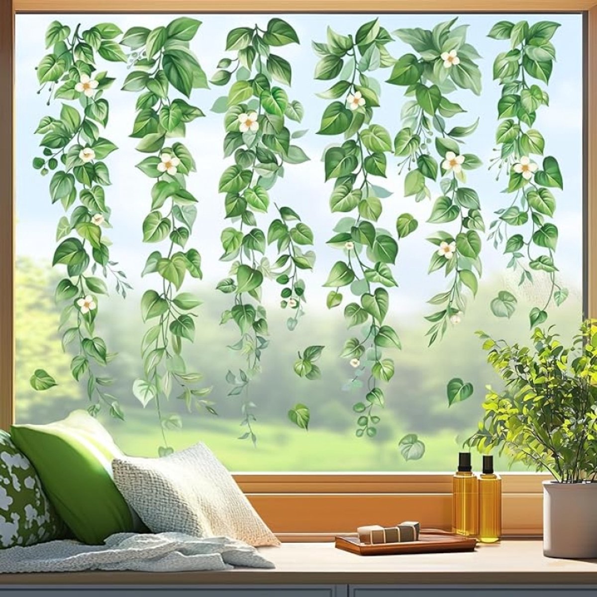 Raamstickers Groene Bladeren Planten Sticker Raam Eucalyptus Bloemen Hangende Rank Elektrostatische Anti-Botsing Decoratie voor Raam, Deur, Keuken