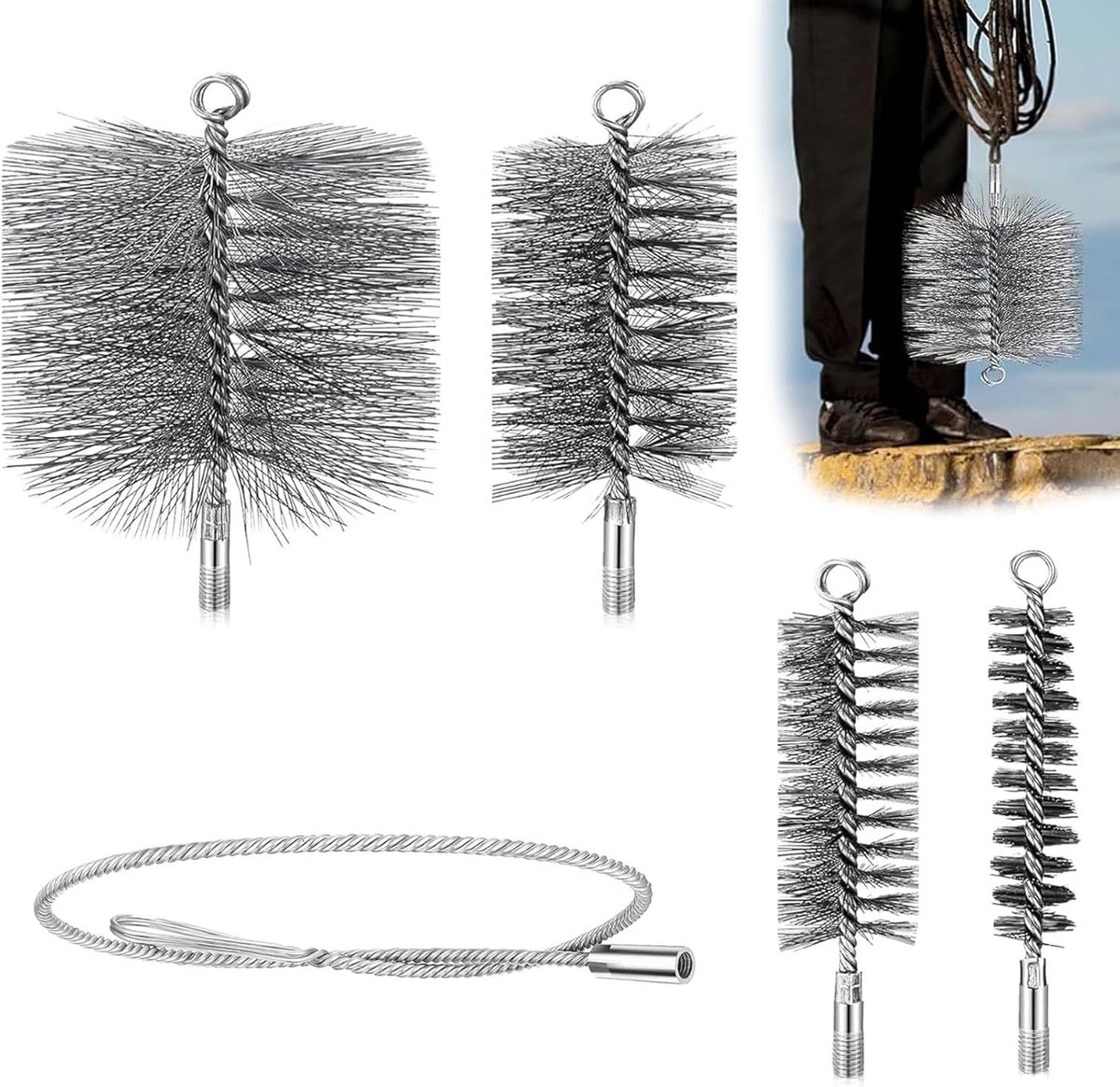 Set van 5 Schoonmaakborstels voor Kachelpijpen, Inclusief 30/50/80/150mm Borstels en 1M Slang voor Effectieve Schoonmaak van Schoorstenen