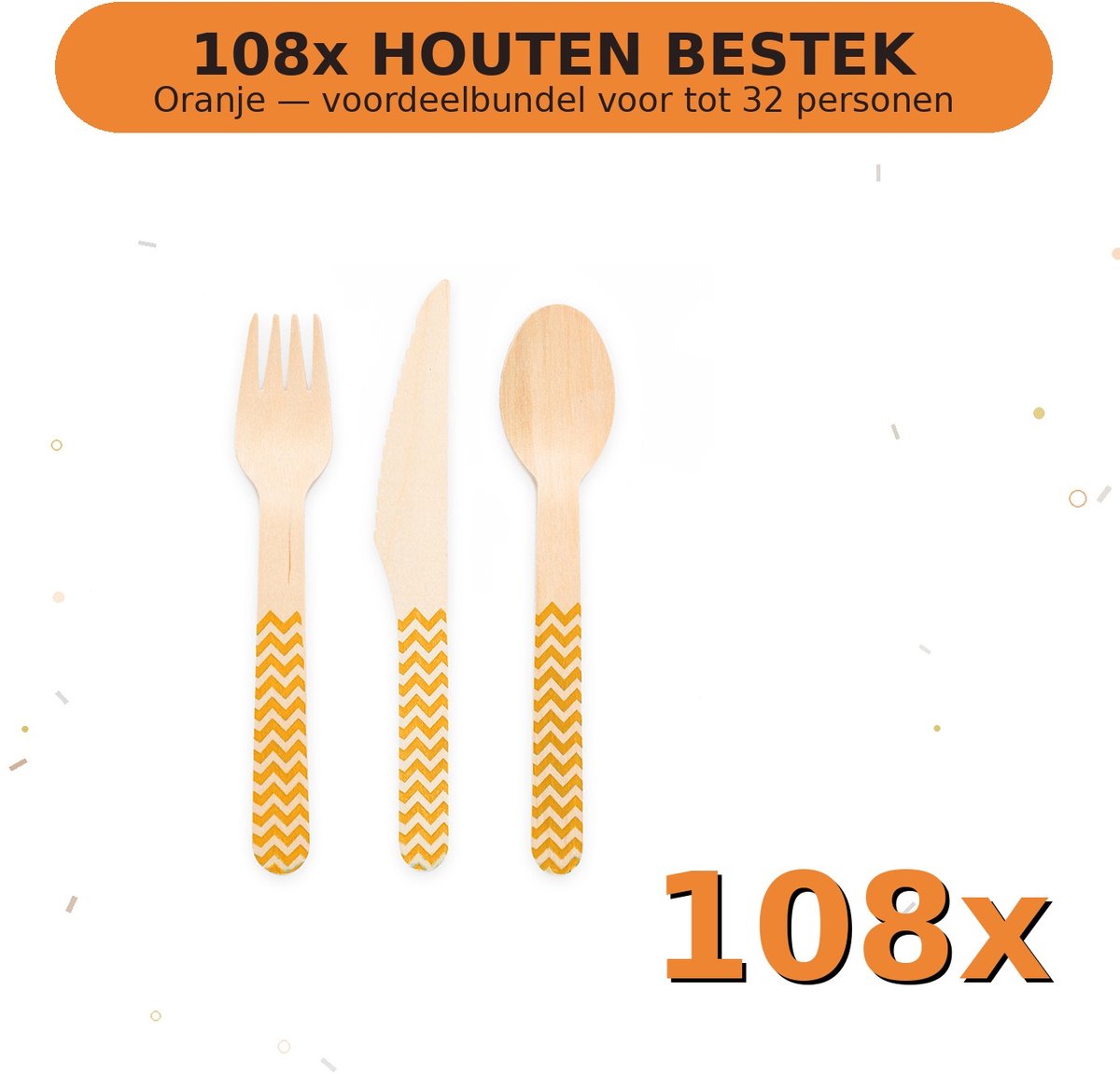 Houten bestek FSC Oranje - Voordeelverpakking 108 Stuks voor tot 32 Personen - Feestartikelen