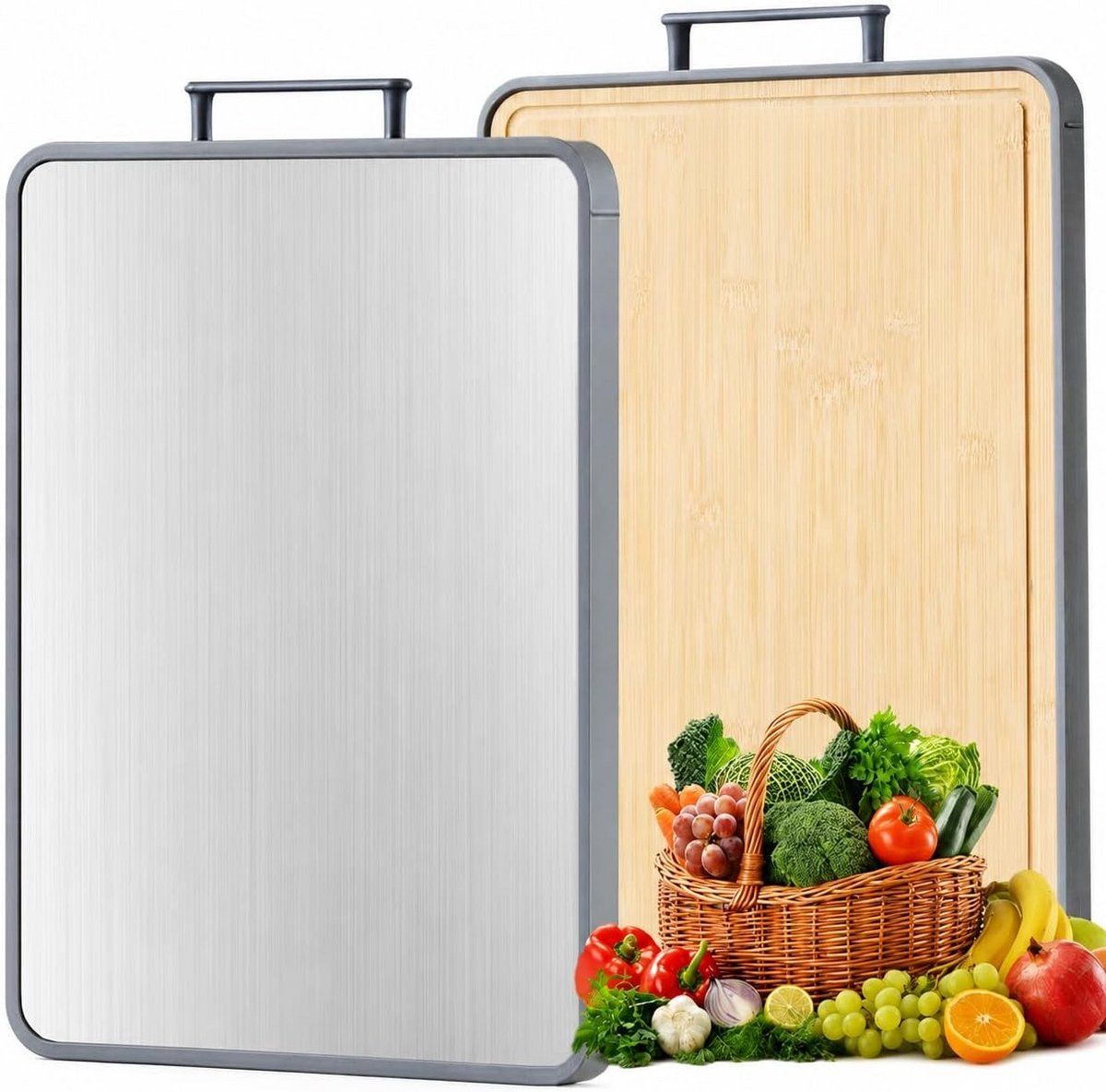 Dubbelzijdige snijplank van titanium en bamboe, antiaanbaklaag, anti-slip, met sapgroef, 40,6 x 26,2 cm, zwart - sans marque