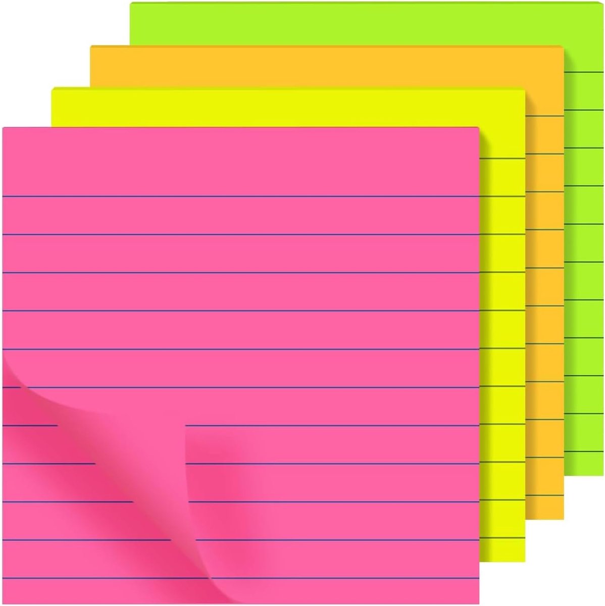 4 Pads Neon (Square) Padded Sticky Notes - 76 x 76 mm - Neon Colours Yellow, Pink, Green, Orange Lined/Lined - ShopVlot