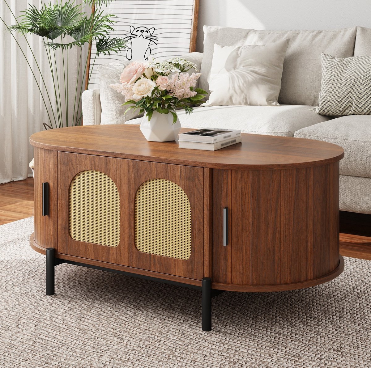 Wishdor Ovale salontafel met opbergruimte - Rattan deuren en schuifdeuren - MDF en zwarte metalen poten - Walnootkleur - Voor woonkamer - 100 x 50 x 40 cm