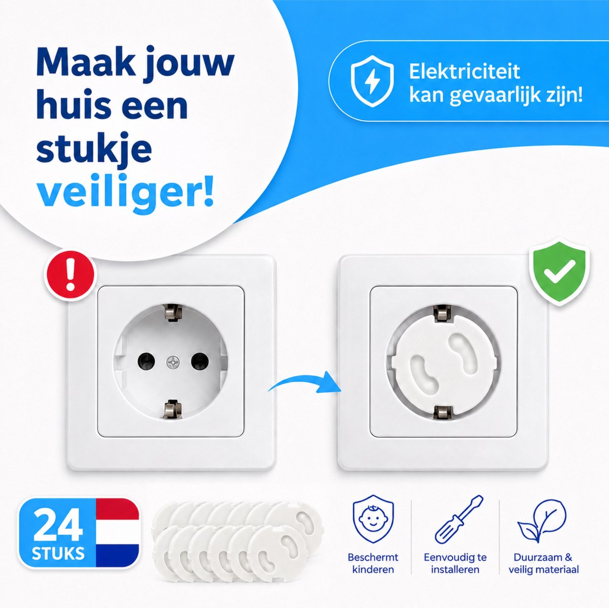 Stopcontactbeveiliging – 24 Stuks – Baby- & Kinderbeveiliging – Nederlandse Stopcontacten – Stopcontactbeschermers – foto 2