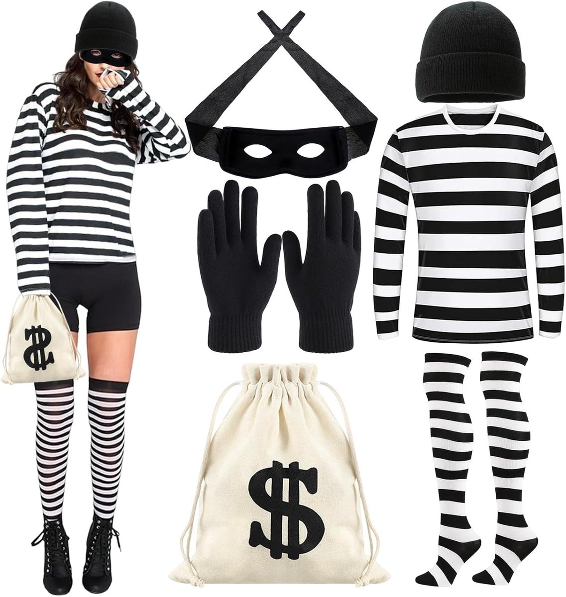 Dames Bankoverval Kostuum met Gebreide Hoed, Masker, Handschoenen, Tas en Kniekousen voor Halloween en Carnaval Cosplay