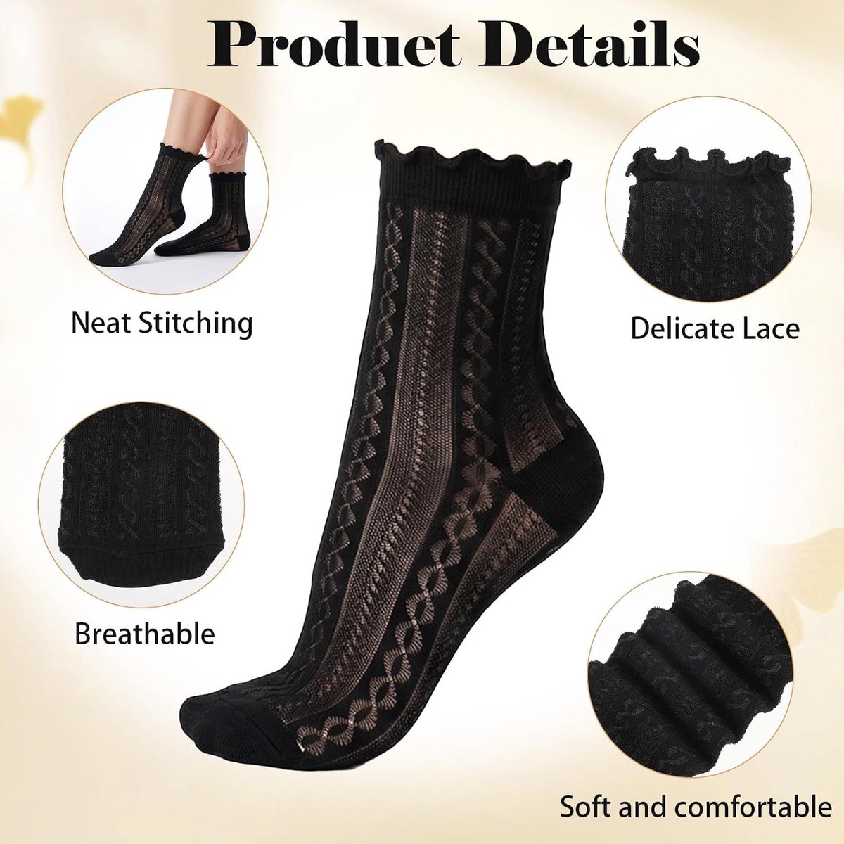 Zwarte Kousen met Kant voor Dames - Ultra Zachte, Ademend en Dunne Kousen voor Dagelijks Gebruik, Perfect voor Feestjes en Casual Outfits
