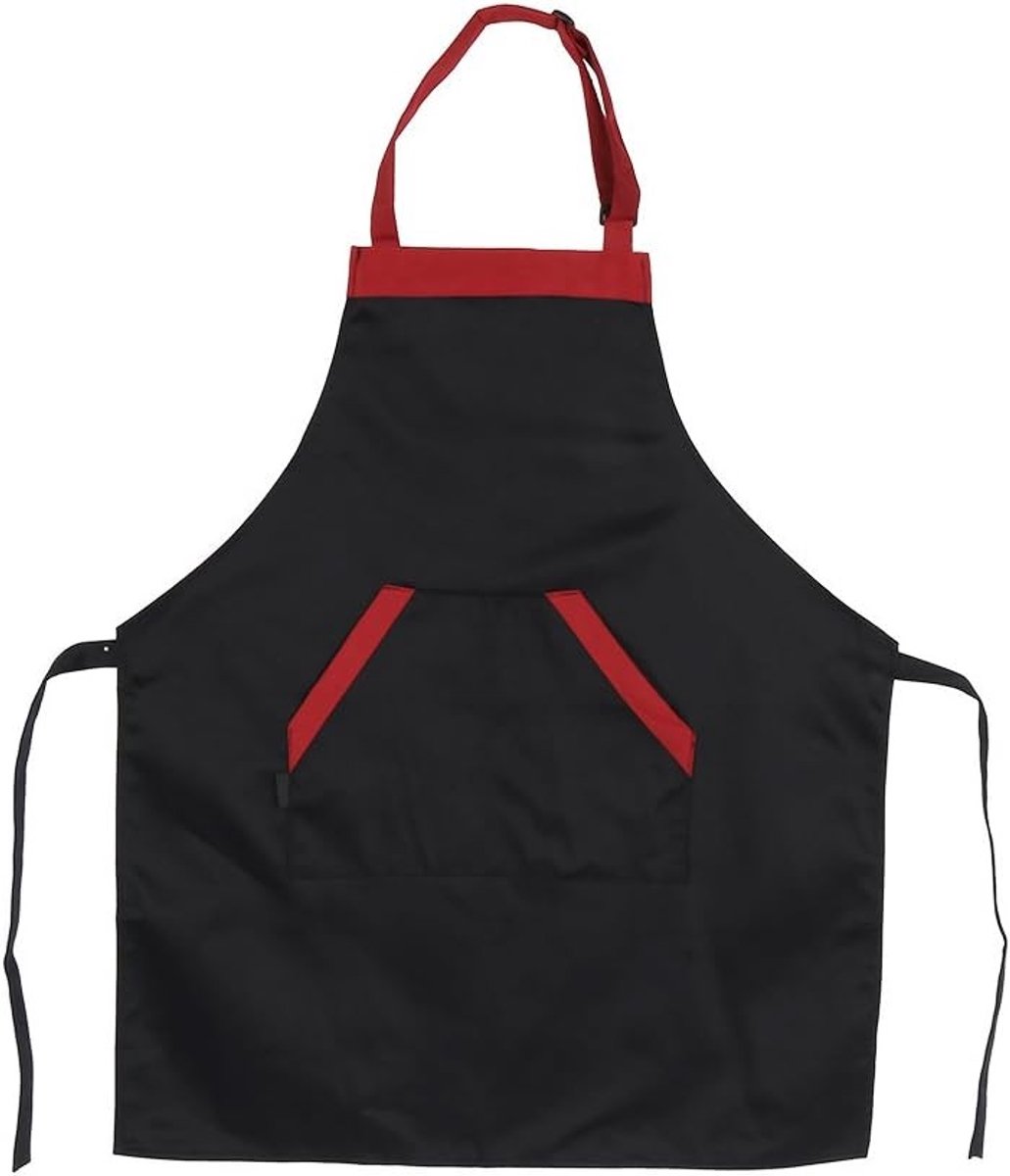 Multifunctionele Keuken Schort met Verstelbare Halsband en 2 Zakjes voor Mannen en Vrouwen, Zwart met Rode Randen, Perfect voor Koken en Grillen
