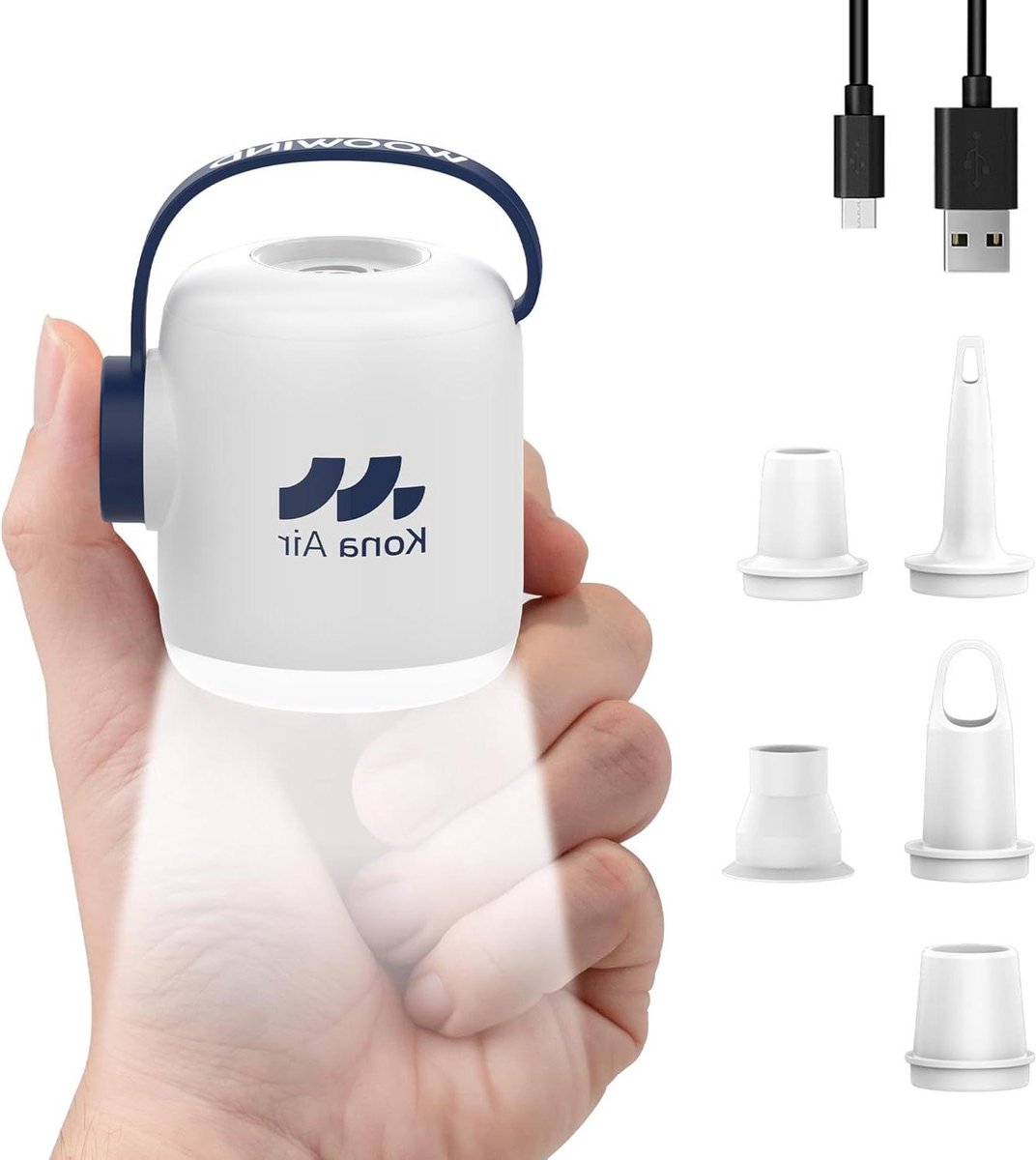 Elektrische luchtpomp - Draagbare mini pomp - Opblaasbare items vullen - Met LED kampeerlantaarn - Compact formaat - Wit