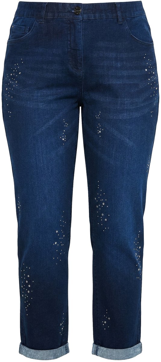 Ulla Popken - Dames - Boyfriend jeans sierstuds. stretchdenim - Donkerblauw denim - Maat 31
