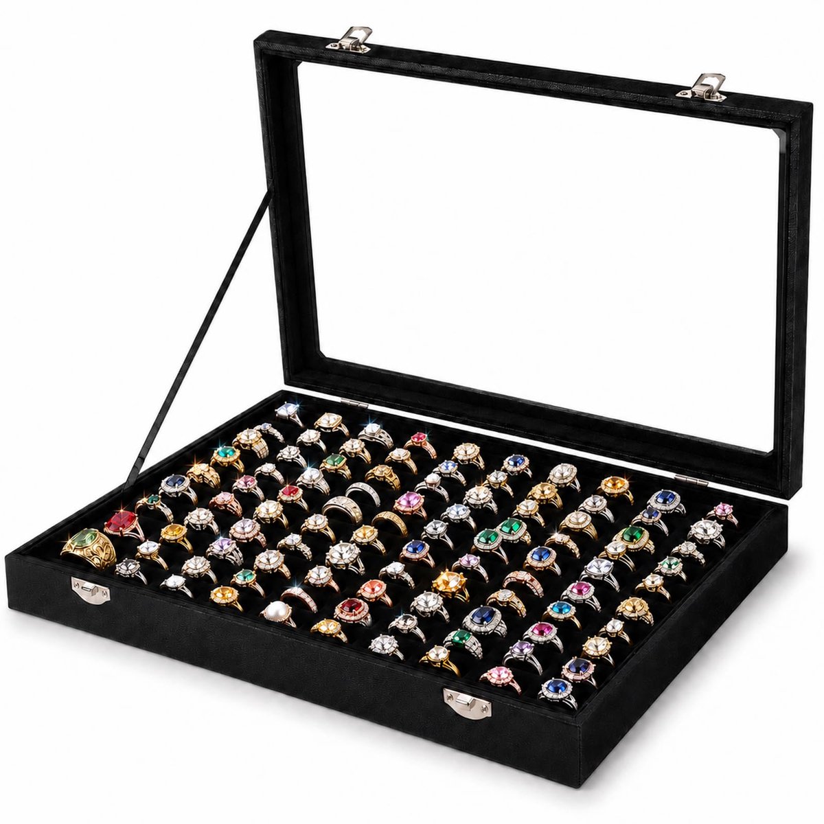 Ringdoos voor 100 ringen - fluwelen sieradenorganizer - glazen deksel - stijlvol en praktisch - ShopVlot