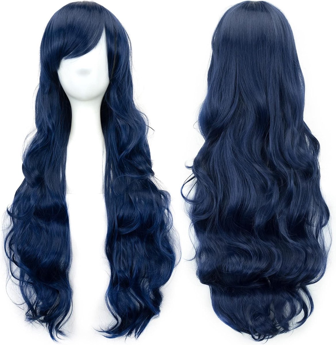 Lang 80 cm Krullend Natuurlijke Haar Cosplay Perkament met Pony voor Feestelijke Halloween Kostuums voor Vrouwen - Donkerblauw en Kleurrijk