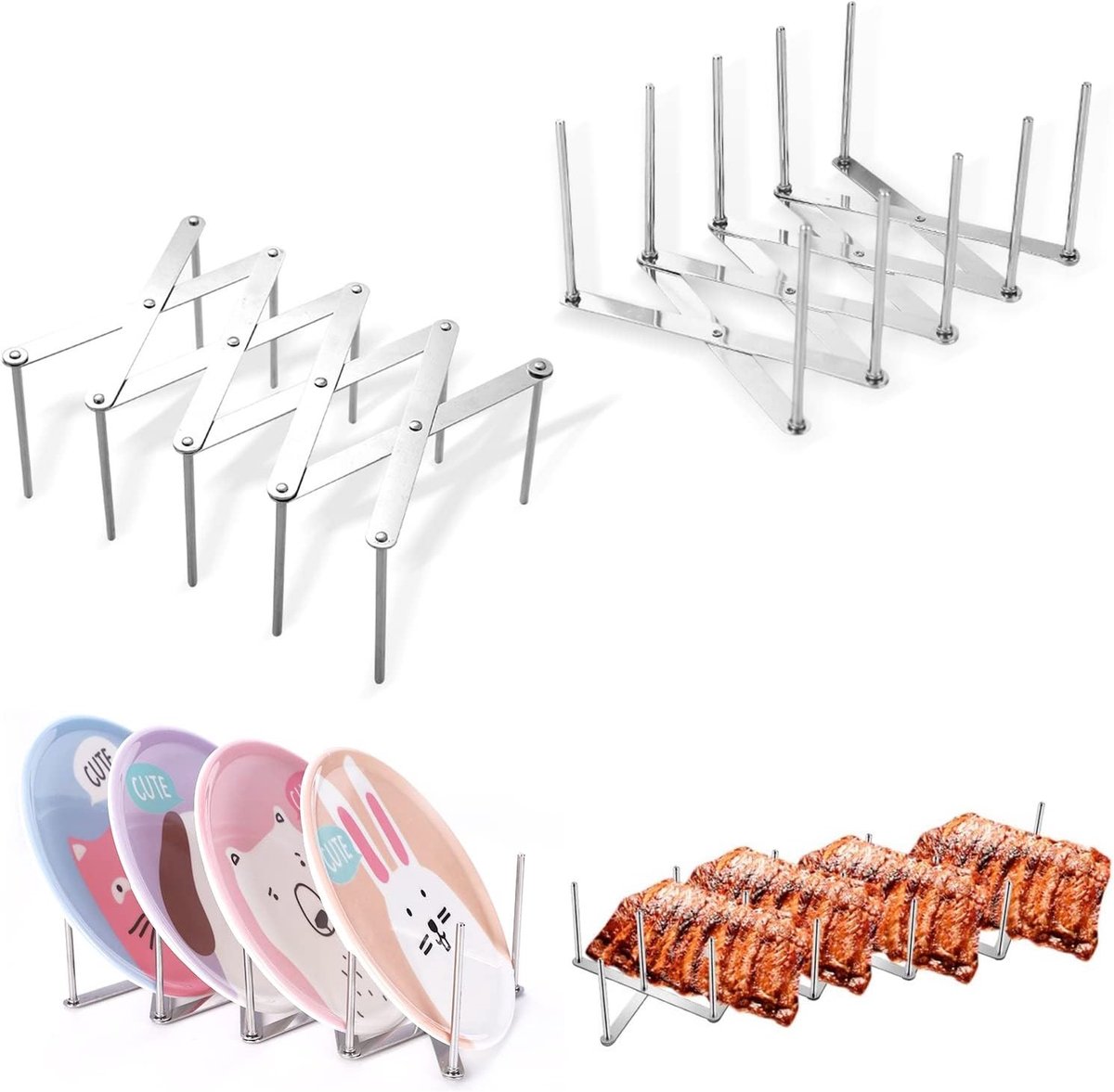Verstelbare Ribbenshouder van RVS, Multifunctionele Telescopische Opslagrek voor Keuken en Grill, Perfect voor Koken en Grillen, Duurzaam en Ruimtebesparend