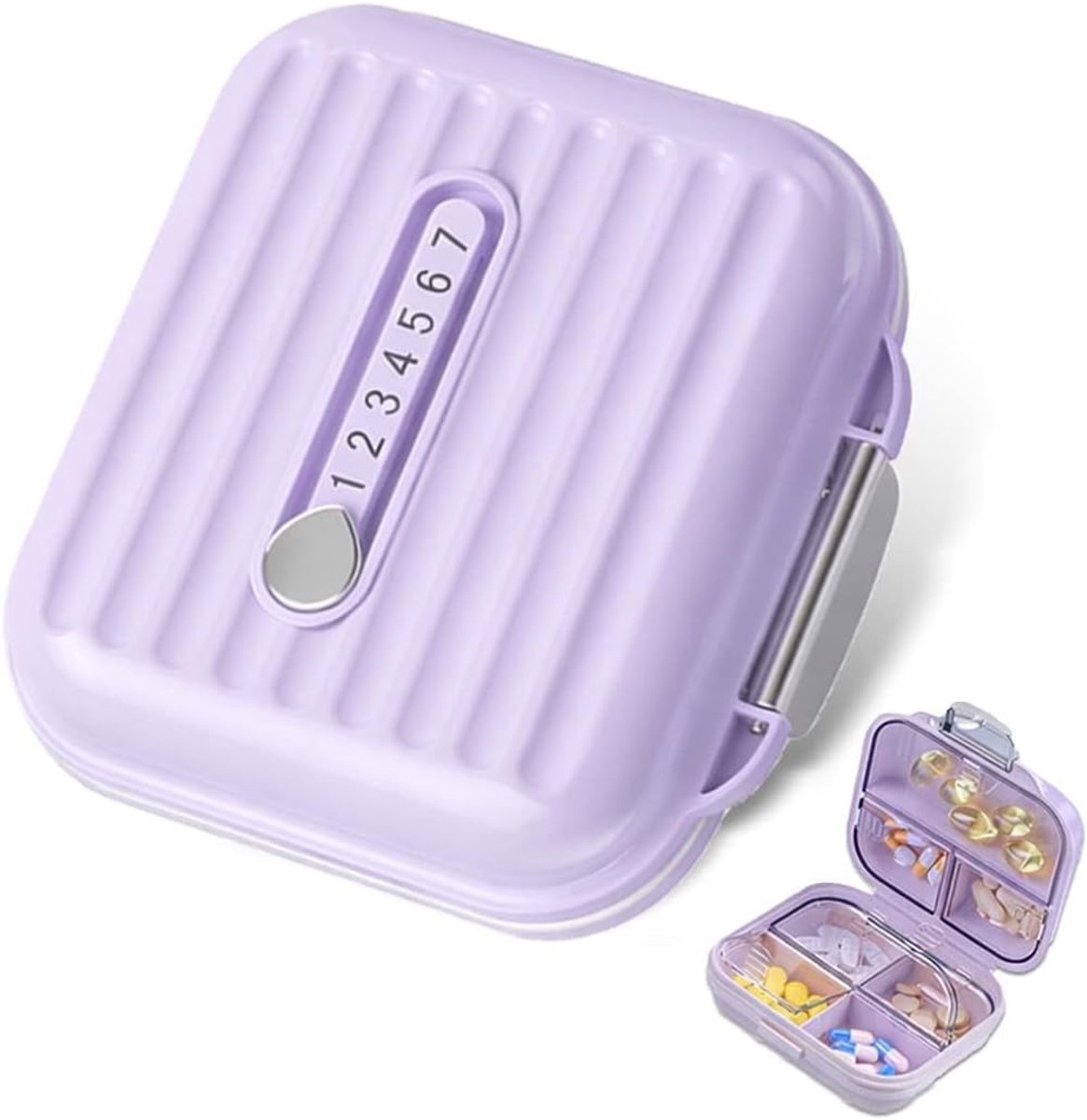 Mini pillendoos voor reizen - Draagbare pillenorganizer met 7 vakken, compacte medicijnhouder in paars, ideaal voor zakportemonnee en vitamines.