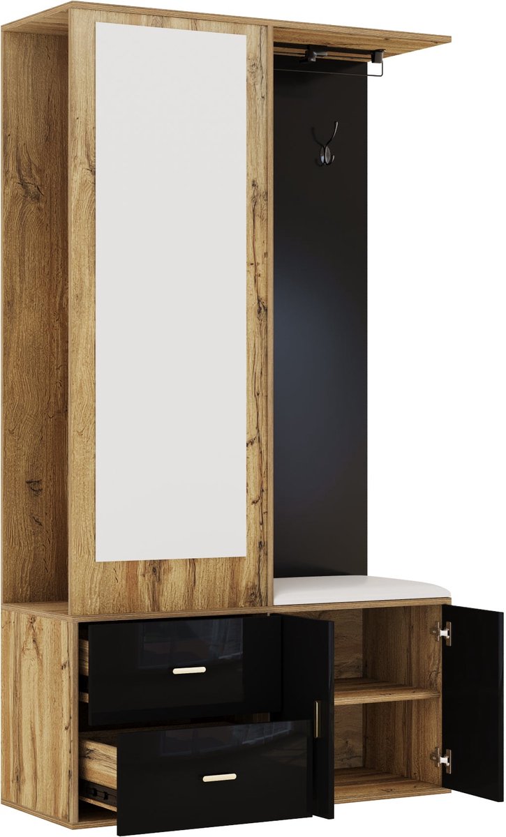 Merax Halmeubel met Spiegel en Schoenenkast - 100 x 38 x 180 cm - Houtkleur en Zwart - Zitbank - Kapstok - 2 Lades