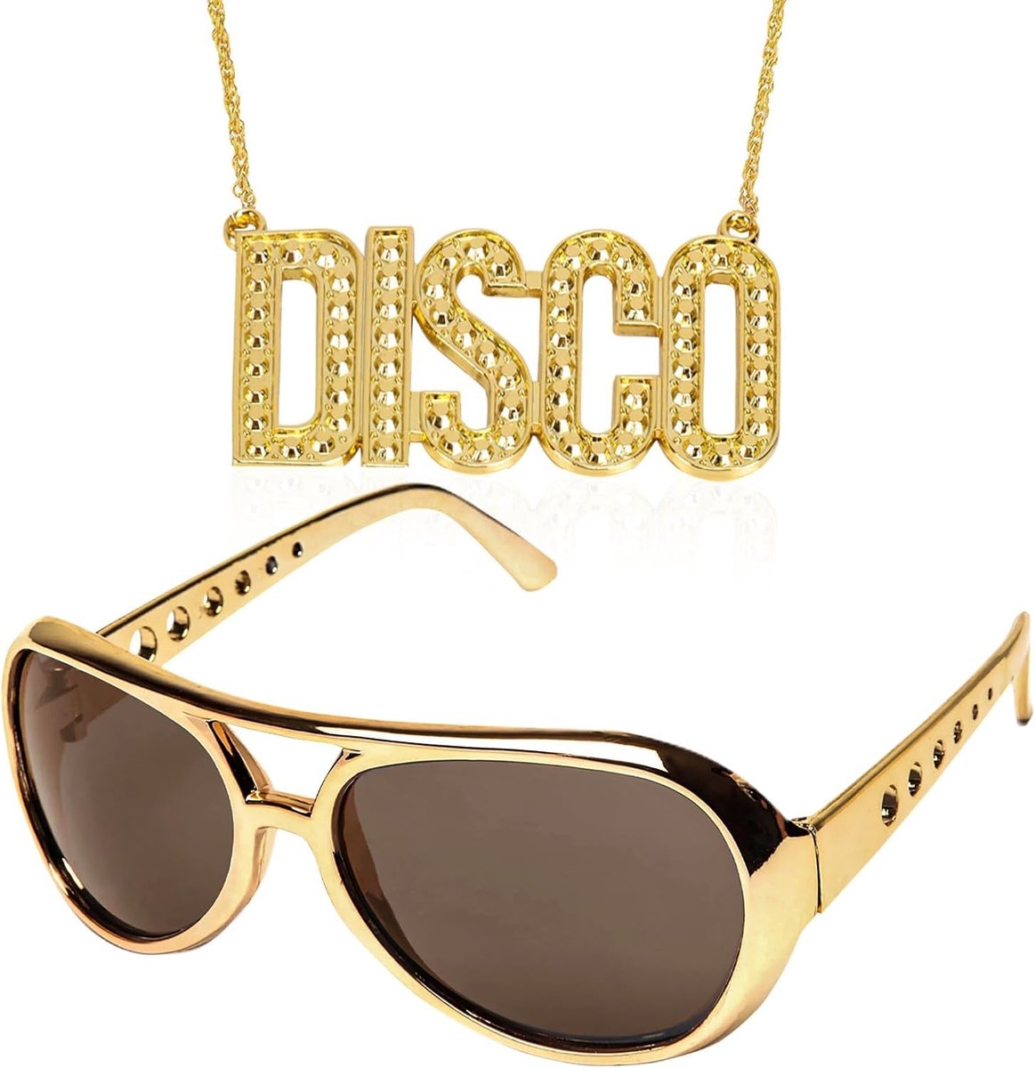 Hippie Accessoires Set met Gouden Ketting en Feestglazen voor 70s 80s 90s Kostuum, Perfect voor Carnaval en Themafeesten