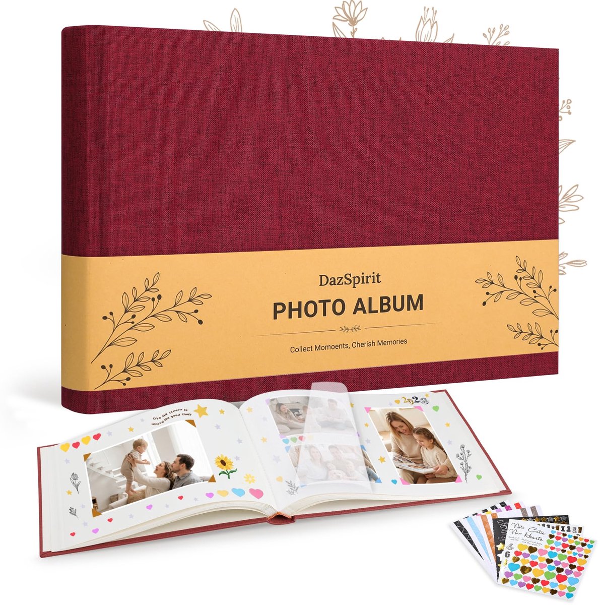 DazSpirit Fotoalbum om Zelf te Ontwerpen, Linnen Plakalbum met 60 Witte Pagina’s en 6 Stickervellen, Scrapbook - ShopVlot