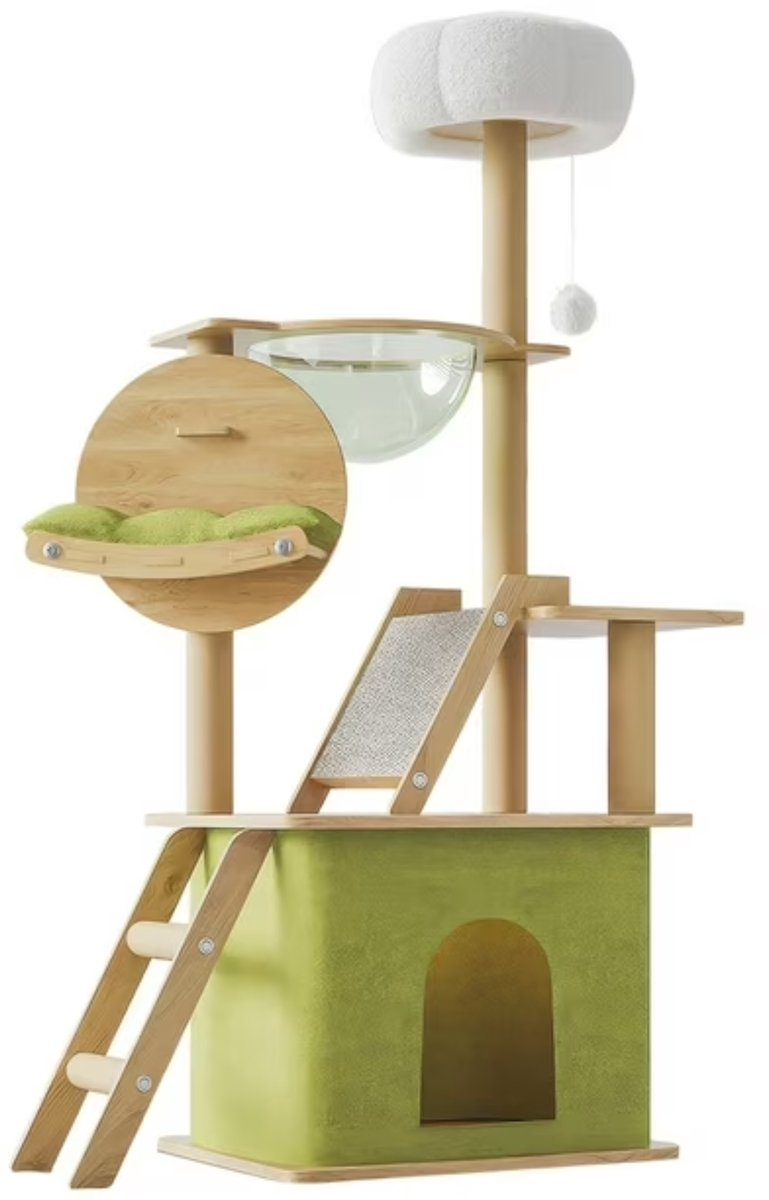 Kattenboom 150 cm met Krabpaal en Hangmat - Multi-Level Kattentoren met Huisje en Speelbal - Binnenkat