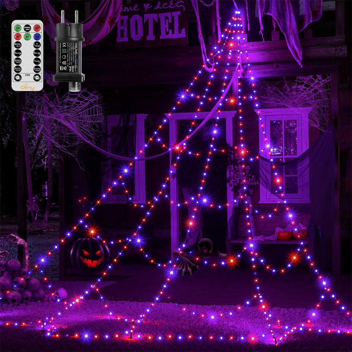 Ollny 455 leds Halloween spinnennet, 5 m, halloween-lichtketting met timer, 8 modi, dimbaar led-lichtnet, IP67 - ShopVlot