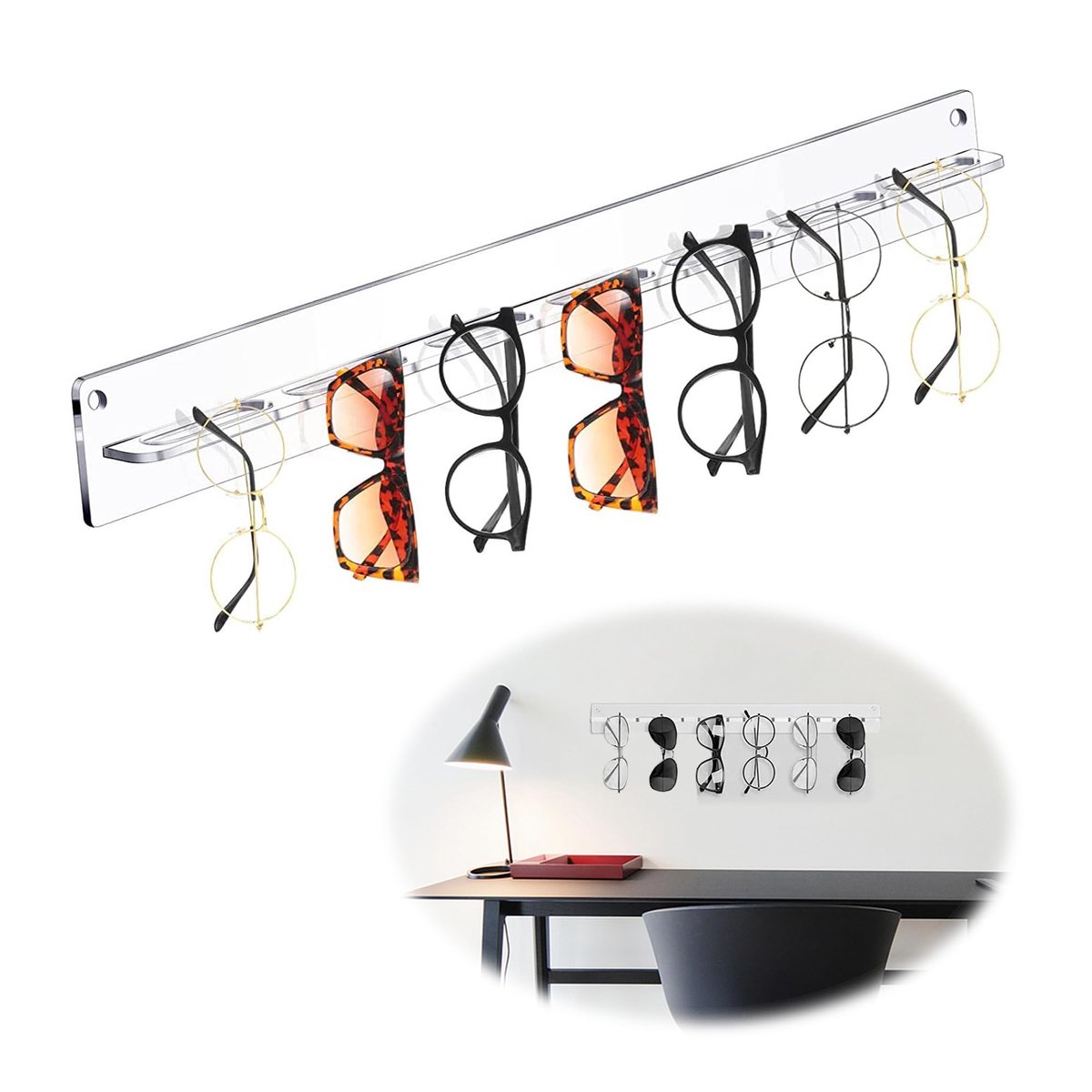 Brilhouder muur - 38 cm x 3,8 cm - acryl - transparant - ideaal voor zonnebrillen en leesbrillen - ShopVlot