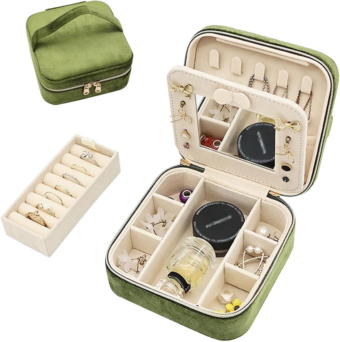 Sieraden Organizer - Juwelendoosje - Sieraden Opbergen - Met Ingebouwd Spiegel - 12.5 x 12.5 cm - Olijfgroen
