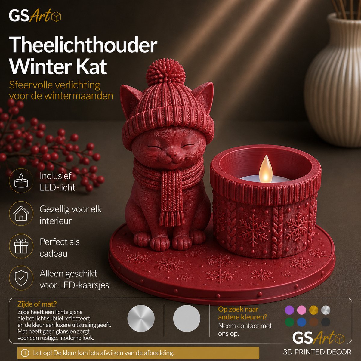 GSArt Theelichthouder Winter Kat – Inclusief LED-kaarsje - Mat Donkerrood