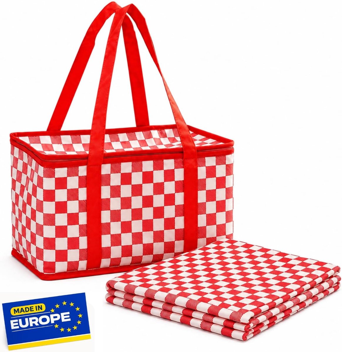 Picknickset, 2-delig, geïsoleerde koeltas 14 l en picknickdeken 160 x 160 cm, rood-wit geruit, waterafstotend - ShopVlot
