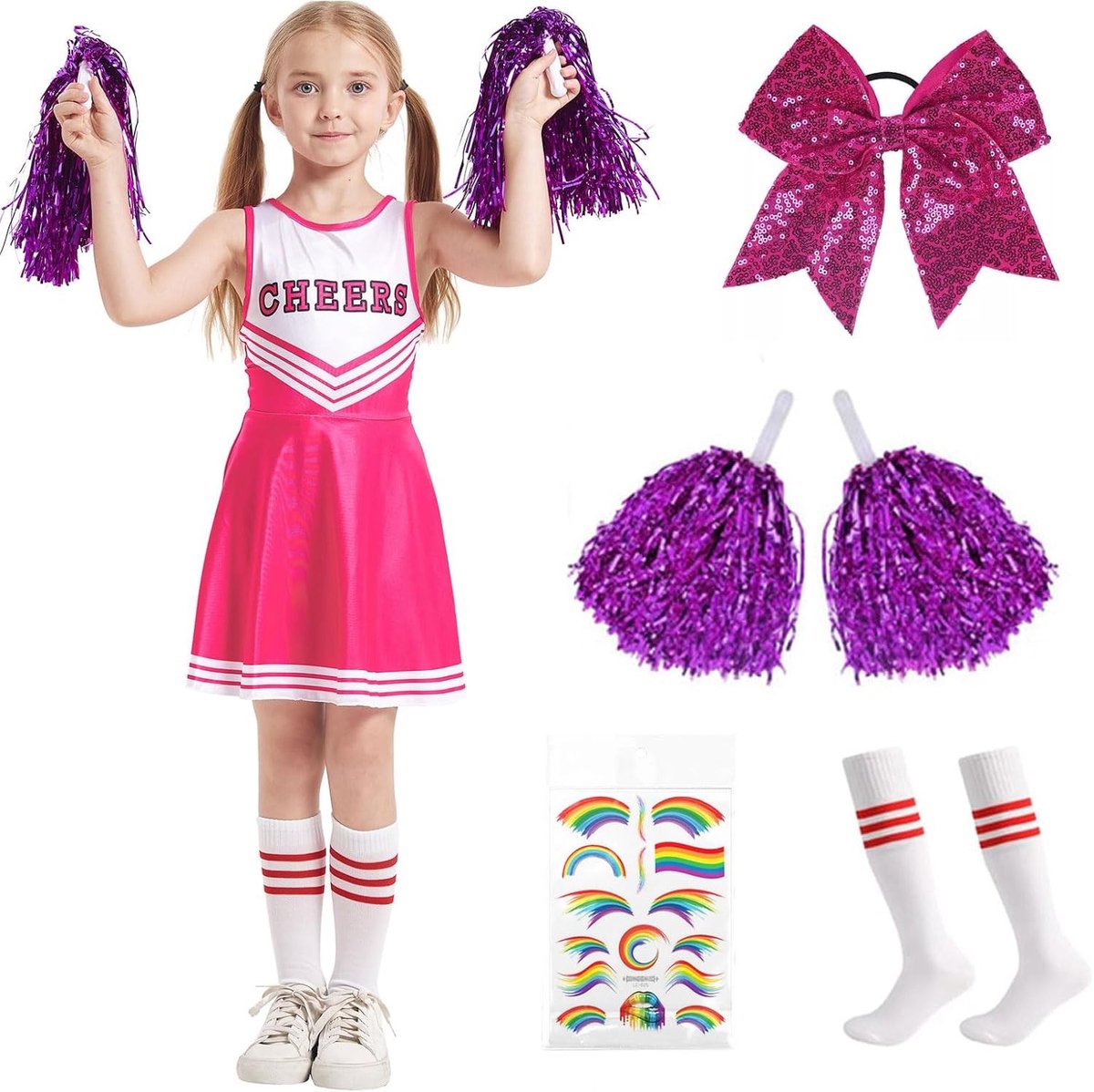 Cheerleader Kostuum voor Kinderen en Volwassenen, Inclusief Pompoms, Sokken en Bogen voor Carnaval en Halloween, Perfect voor Feestjes en Theatrale Optredens