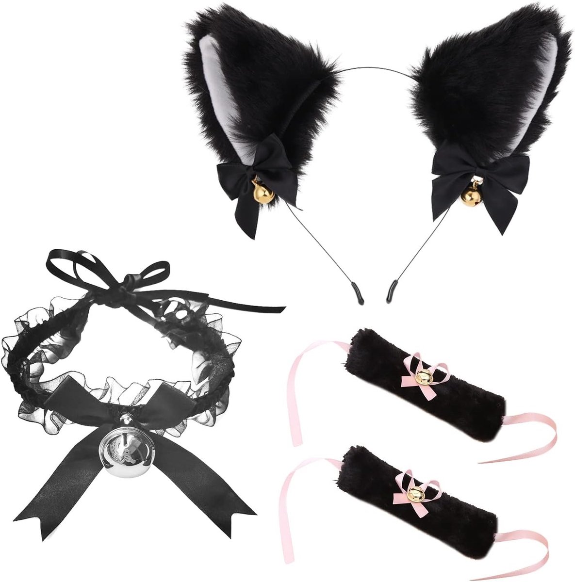 Set van 4 kattenkostuums met kattenoren, sexy kant ketting en bel armband voor cosplay en feestjes