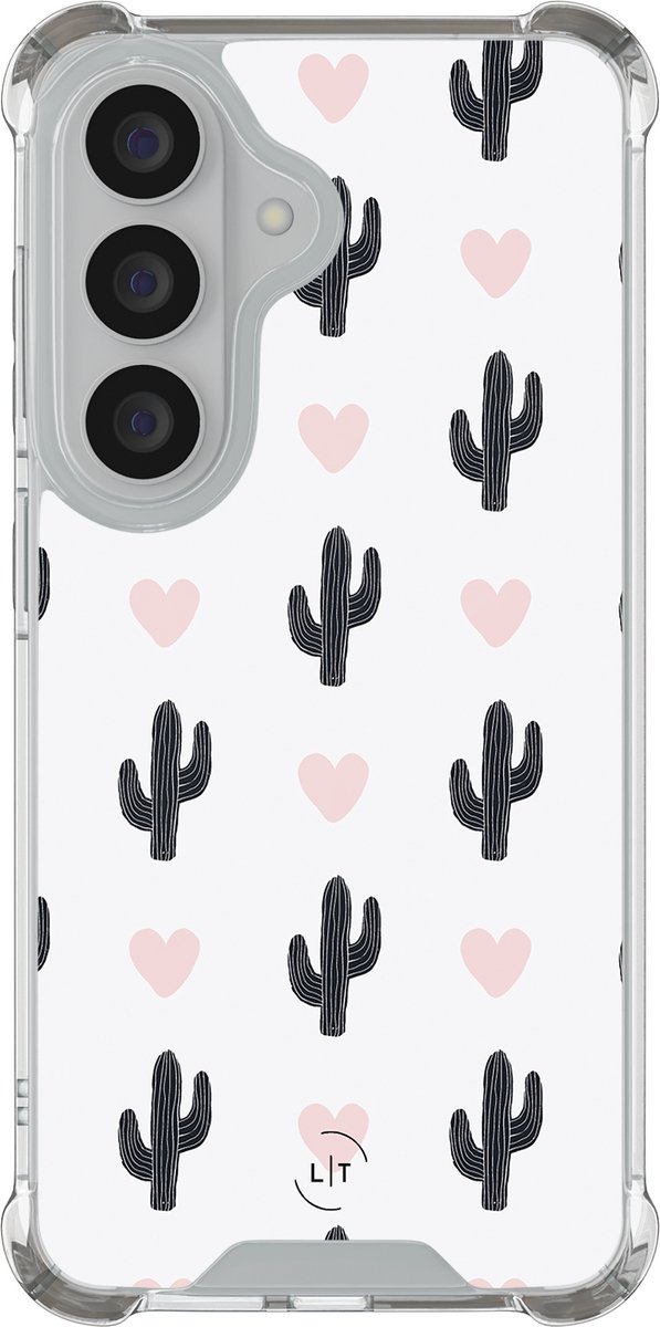 Shockproof hoesje - Geschikt voor Samsung Galaxy S26 - Cactus hartjes - Extra sterke case - TPU/polycarbonaat - Planten - Wit, Transparant