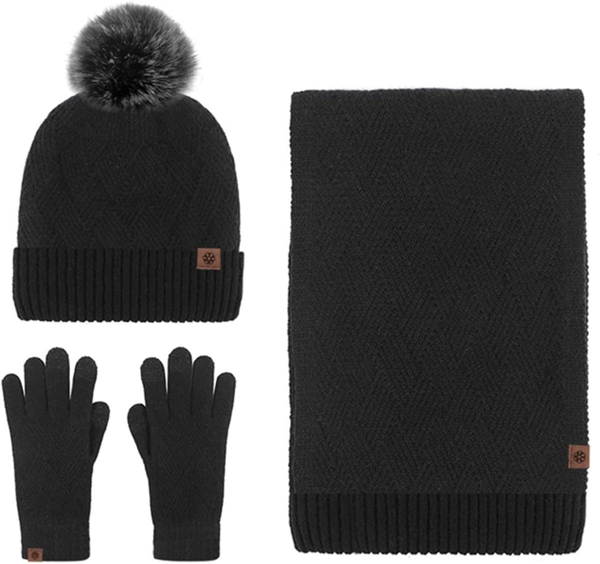 Winter 3-in-1 muts, sjaal en handschoenen set voor heren en dames, gebreide beanie, lange sjaal en touchscreen handschoenen met pompon, zwart, warm en comfortabel