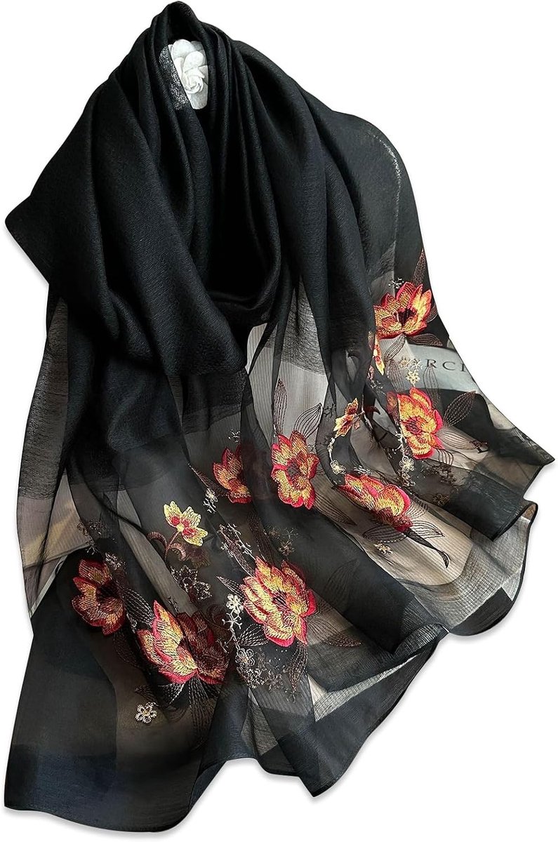 Zijden sjaal met delicate rozenborduursels van chiffon, lichtgewicht en transparant, ideaal voor zonbescherming in de lente en herfst, zwart