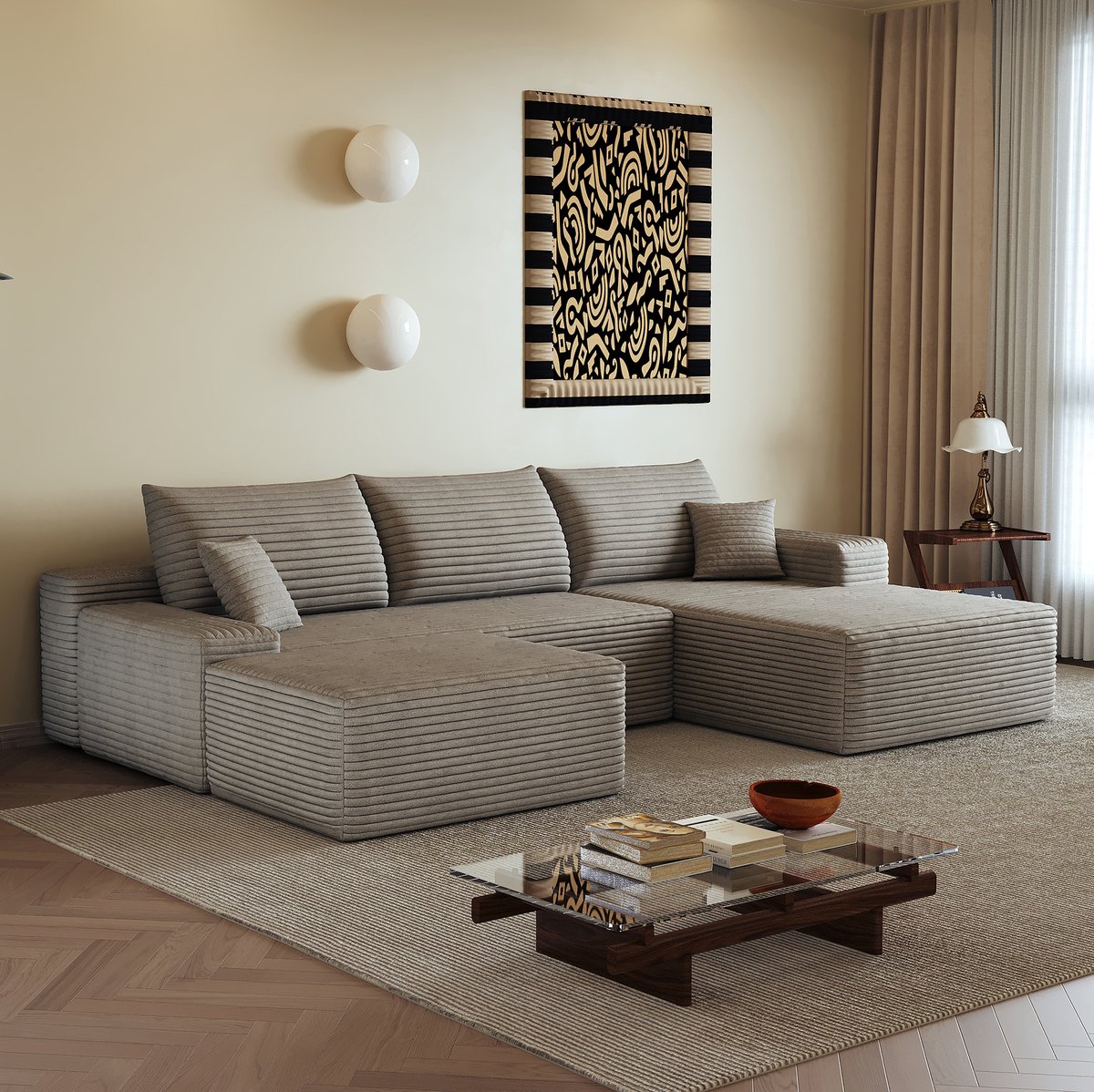 DESMIU Hoekbank 270 Cm - Modulaire L-Vormige Chaise Longue - 4-Zits Met Zachte Vulling - Voor Woonkamer En Appartement - Stof - Camel