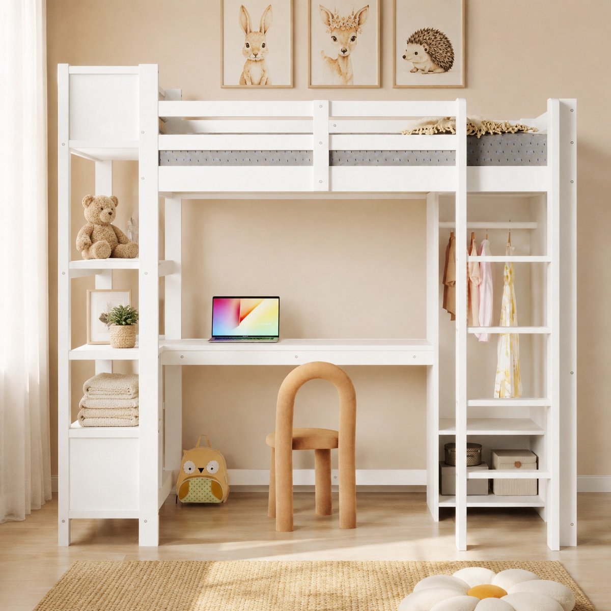 Wishdor Hoogslaper 90x200 cm - Met bureau en opbergruimte - Met ladder en uitvalbeveiliging - Wit - Hout en MDF - Voor kinderen - Met kledingkast - Zonder matras