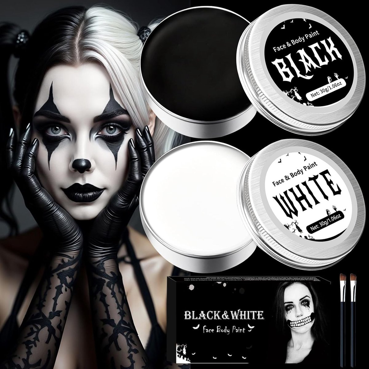 Professionele Halloween Make-up Kit voor Kinderen en Volwassenen, Zwart en Wit Gezichtsverf voor Carnaval, Cosplay en Feestjes - 60g Bodyverf