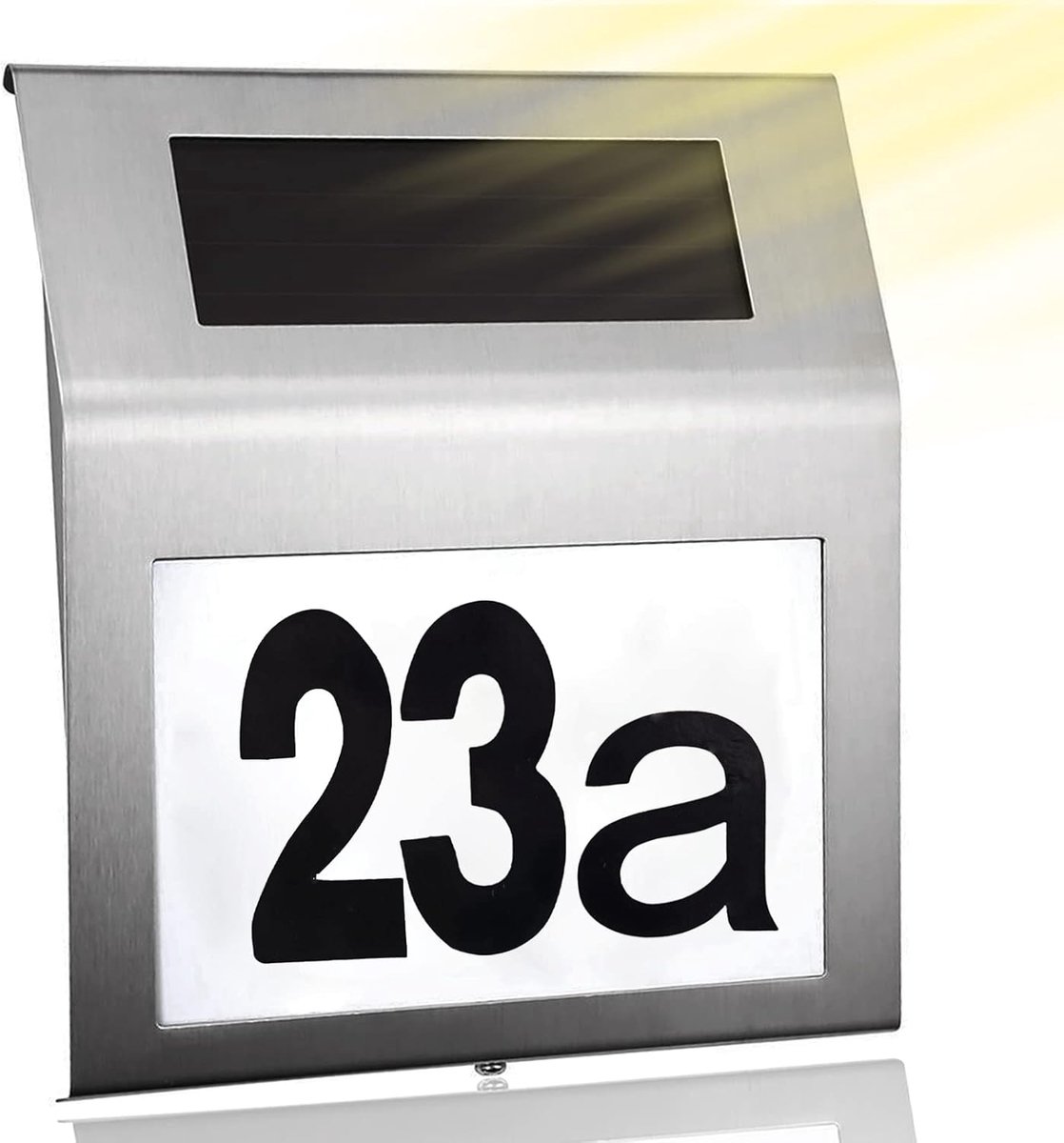 Huisnummer Solar Roestvrij Stalen LED Huisnummer op zonne-energie met 2 LEDs & Schemerschakelaar - IP65 Waterdicht - met Nummers 0-9 en Letters a-h