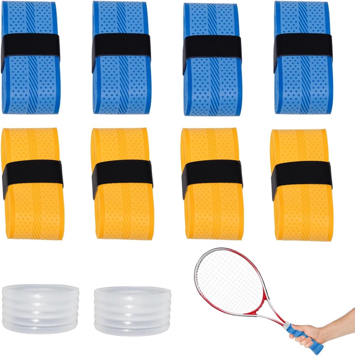 Set van 10 Grip Bands voor Tennisrackets - 110 cm Antislip Gripbanden met Bevestigingsringen en Plakstrips, Absorberend en Dempend voor Badminton, Squash en Padel
