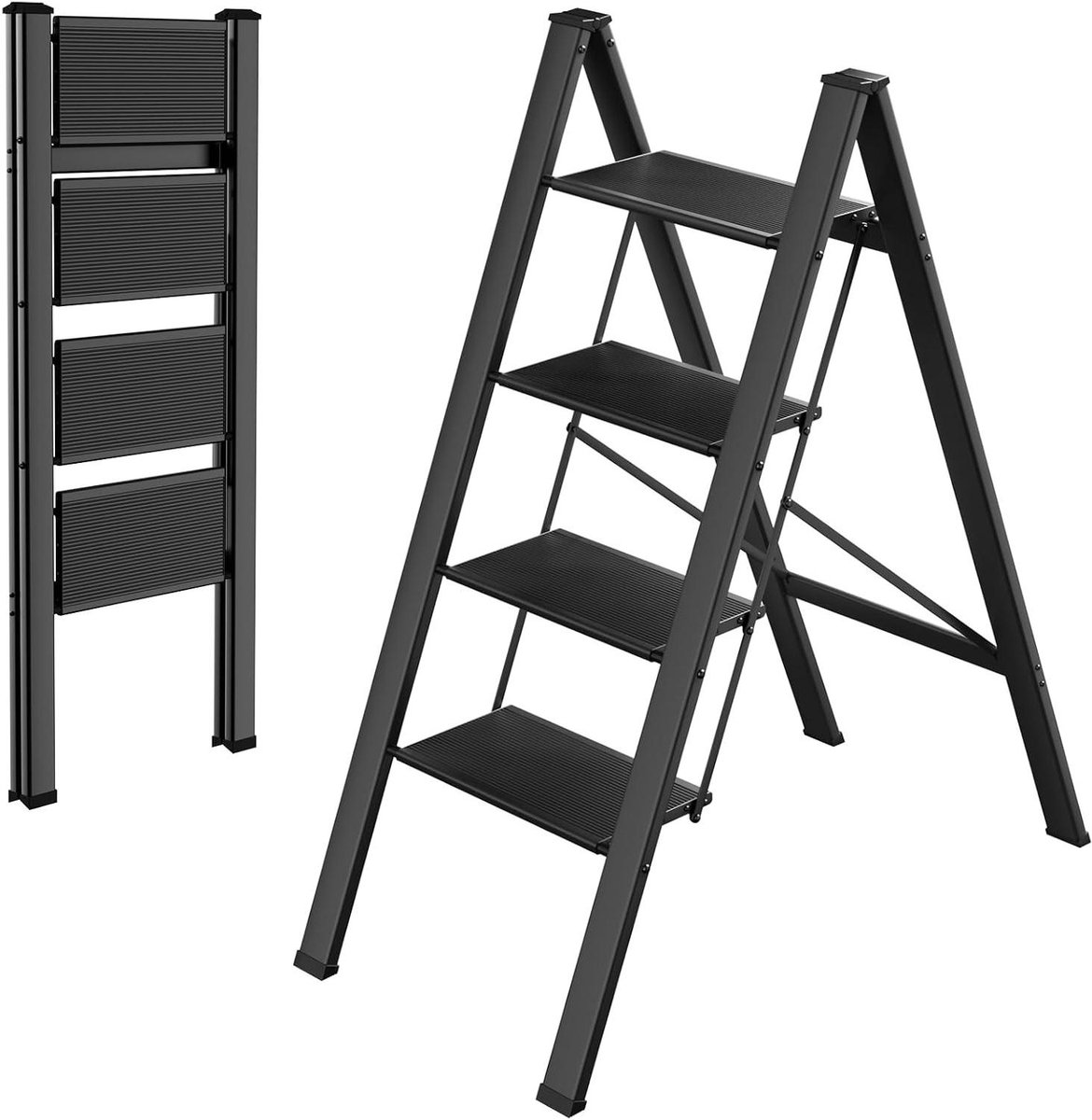 Vouwladder - Huishoudtrap - Klusjes in huis - Antislip treden - 4 treden - Zwart