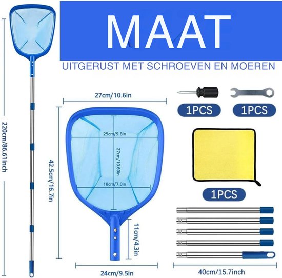 Allvia® Zwembad Schepnet - Zwembad Net - Schepnet - met Telescopische Stang - 220 cm Lang - 14 cm Diep - Blauw - ‎ 10cm x 2cm x 10cm — afbeelding 5