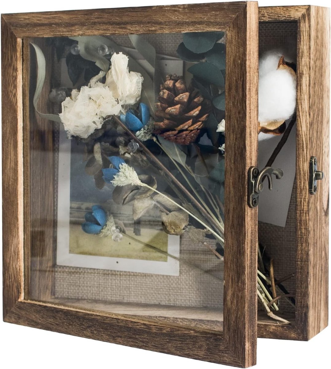 Diepe Fotobox 8 x 8 cm Bruin Frame met Glas voor Trouwen, Herinneringen, Medailles en Bloemen