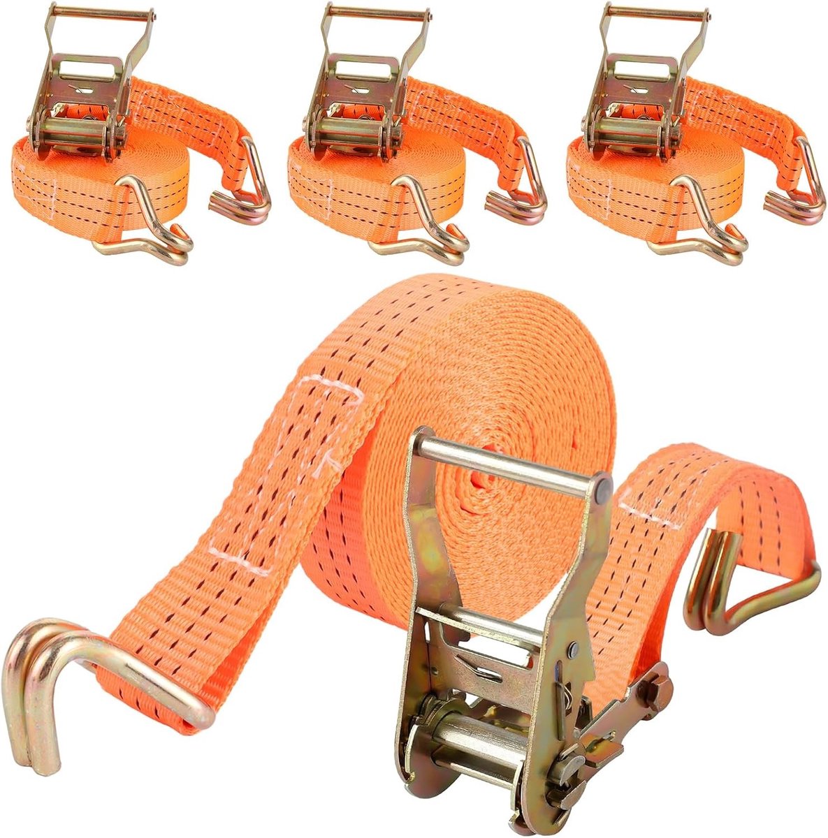 Set van 4 Spanbanden 6 m x 38 mm, Oranje Tension Belt met Klem en Haken voor Trailer, Motor en Auto, Ideaal voor Goederenbevestiging