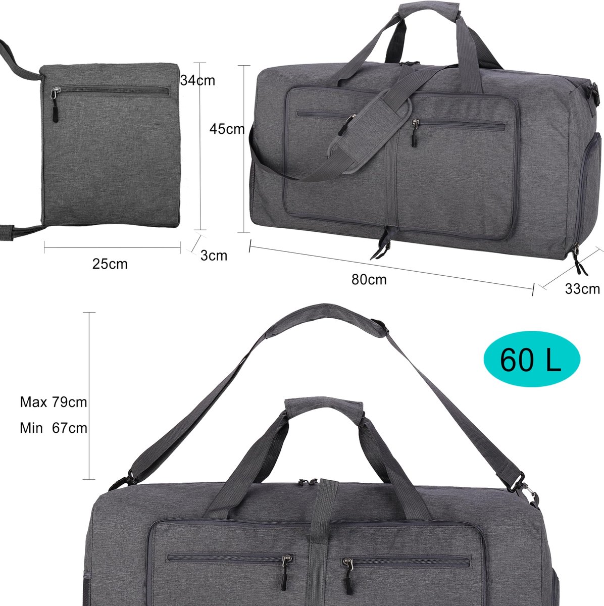 Reistas 60L - Opvouwbaar - Waterdicht - Ideaal voor sport en vakantie - ShopVlot