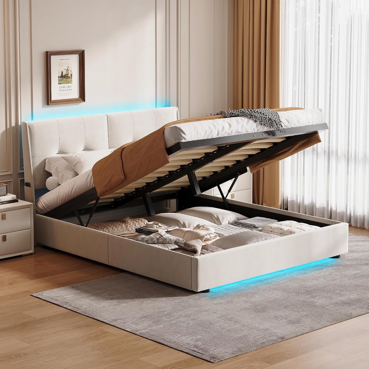 Hydraulisch opbergbed 160 x 200 cm met LED - gestoffeerd tweepersoonsbed met opbergruimte - jeugdbed met zijzakken - functioneel bed bedframe met lattenbodem - zonder matras - beige - fluweel (160x200 cm)