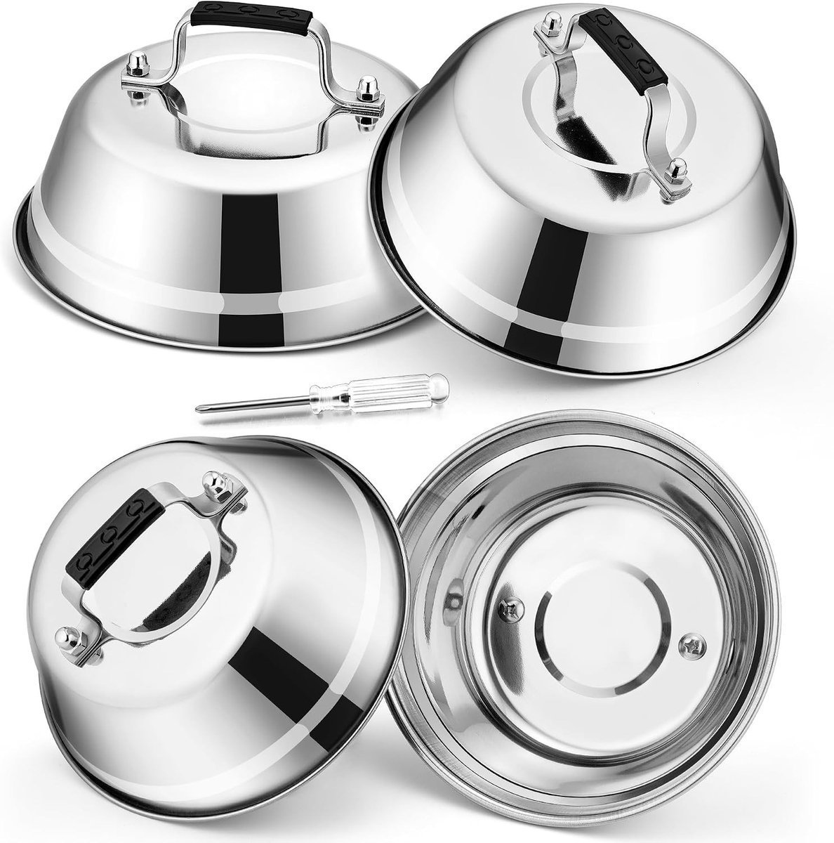 RVS Burgerbel Set van 4 Stuks met Rubber Handvat voor Grillen, Steak en Kaas - 16.8 x 6cm, Vaatwasserbestendig en Ideaal voor Binnen en Buiten