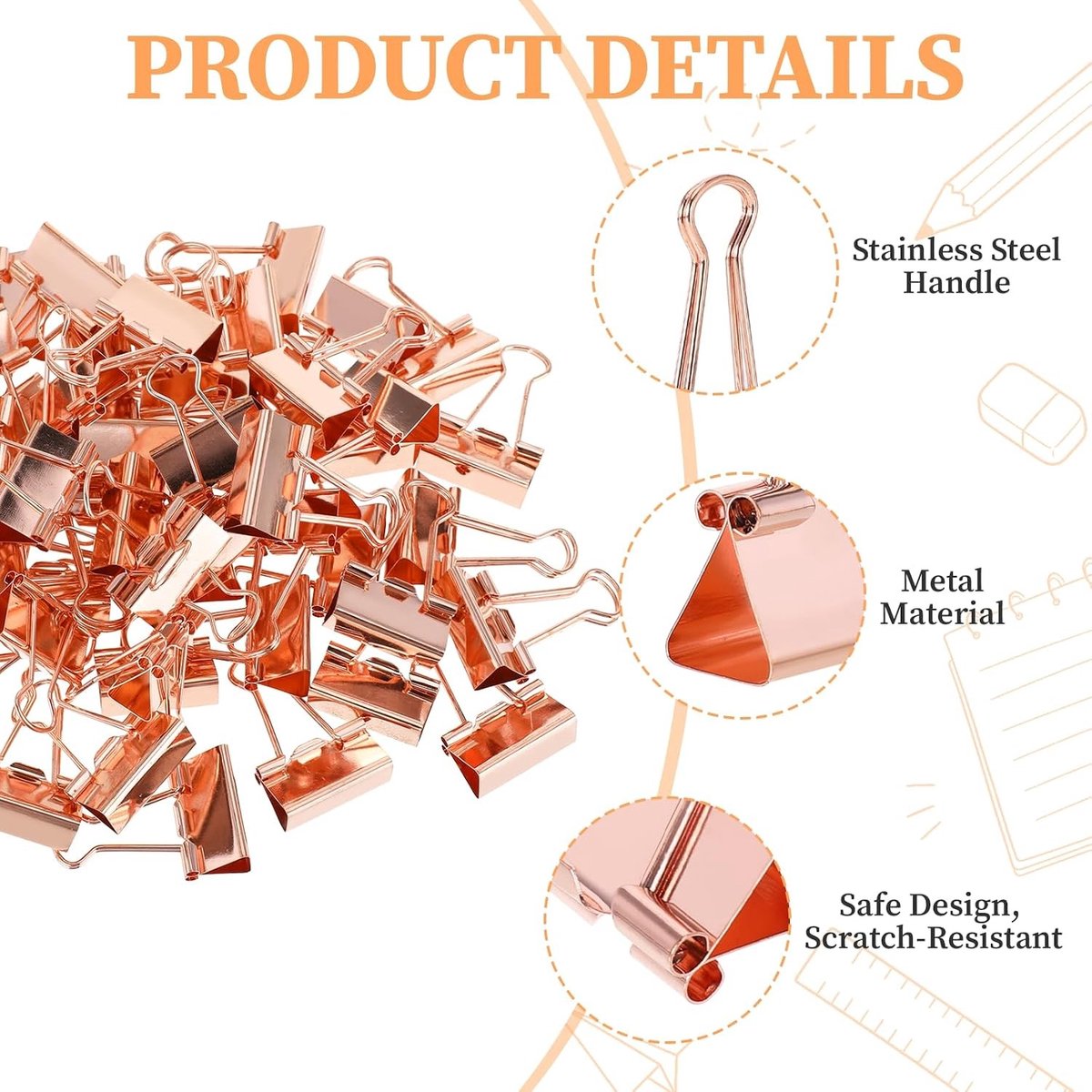 Vouwklemmen 80 stuks in roségoud, multifunctionele metalen bindclips van 25 mm voor kantoor, school en papierwerk